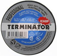 Изолента черная ПВХ, супер премиум класса, огнеупорная 0,22 мм, 19 мм, 20 м Terminator ICA8P Изолента черная ПВХ, супер премиум класса, огнеупорная 0,22 мм, 19 мм, 20 м Terminator ICA8P